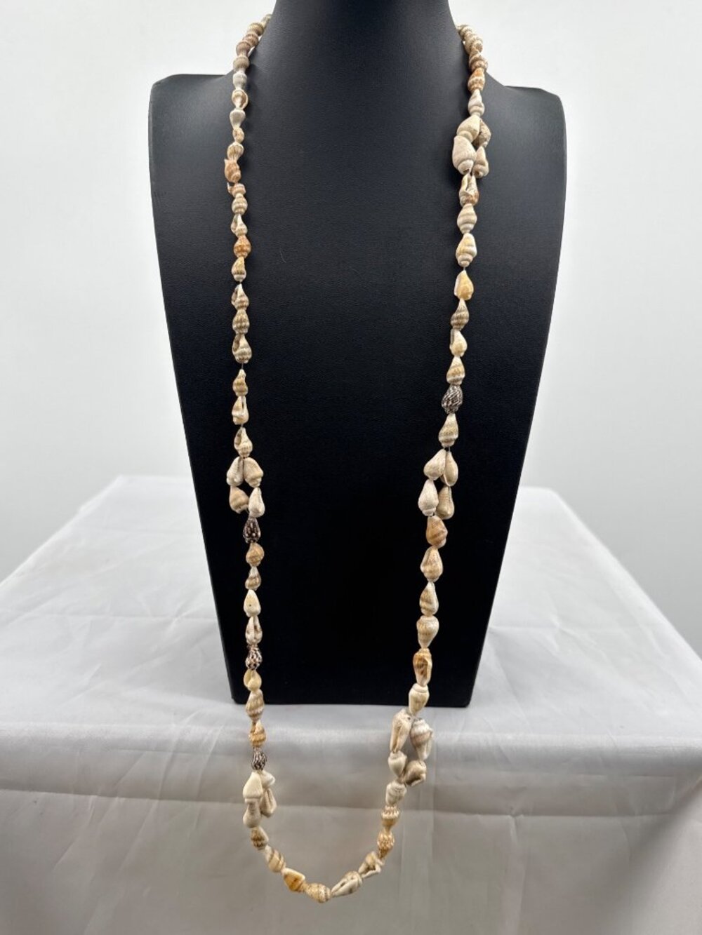 Vintage 70s Natural Spiral Conch Shell Lei Necklace Long Layered Coastal Boho
